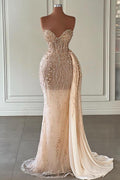 Vestidos de Baile Longos Modestos com Decote Coração, Transparência e Brilho, Estilo Sereia