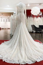 Robe de mariée modeste longue sirène en tulle et dentelle avec manches et décolleté cœur