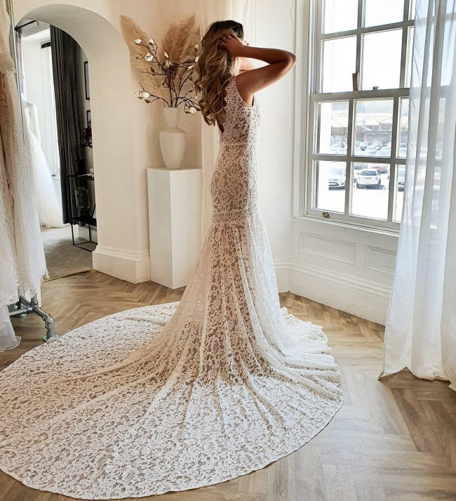 Modest Long Mermaid V-neck Open Back Lace Wedding Dress