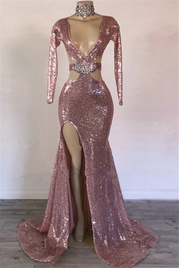 Modest Long Mermaid V-neck Sequined Front Slit Prom Dress with Sleeves