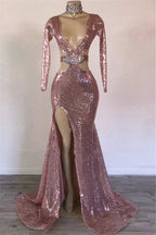Modest Long Mermaid V-neck Sequined Front Slit Prom Dress with Sleeves