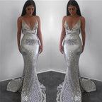 Modest Long Mermaid V-neck Sequined Open Back Prom Dress