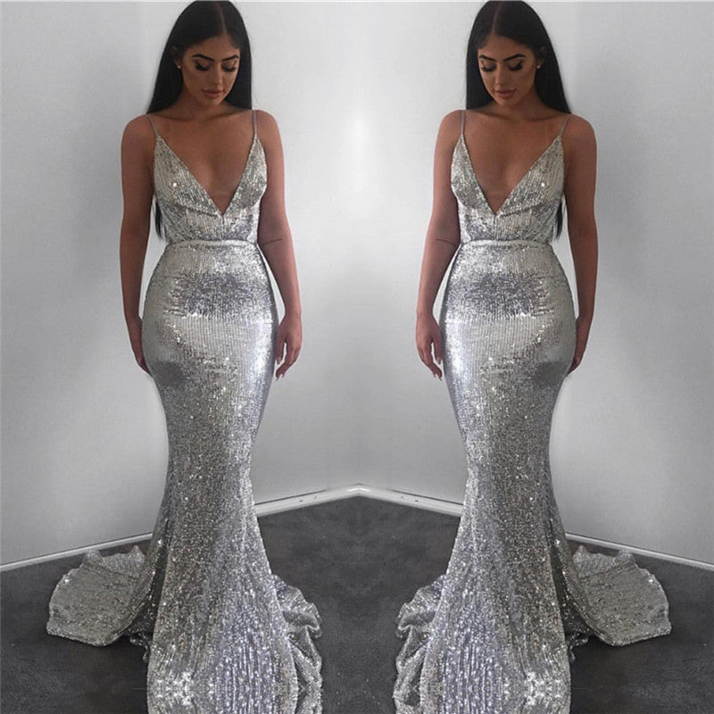 Modest Long Mermaid V-neck Sequined Open Back Prom Dress