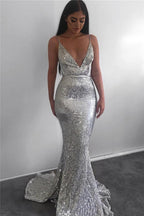 Modest Long Mermaid V-neck Sequined Open Back Prom Dress