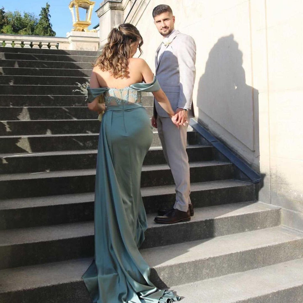 Modest Long Off-the-Shoulder Satin Mermaid Prom Dress with Slit