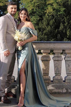 Modest Long Off-the-Shoulder Satin Mermaid Prom Dress with Slit