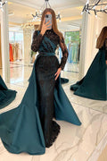 Modest Long Sleeves Mermaid Satin Prom Dress Black Sequins Evening Dresses