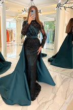 Modest Long Sleeves Mermaid Satin Prom Dress Black Sequins Evening Dresses
