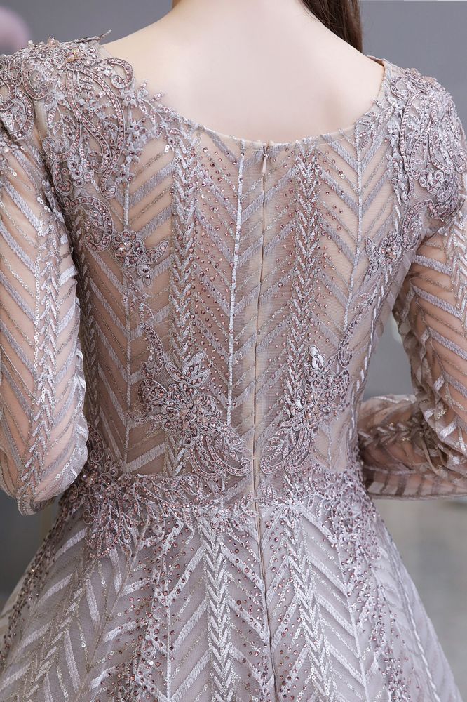 Vestido de fiesta estilo princesa, modesto, con mangas largas y escote en V y lentejuelas.