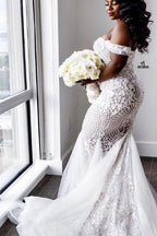 Modest Plus Size Long Mermaid Off-the-Shoulder Lace Wedding Dresses