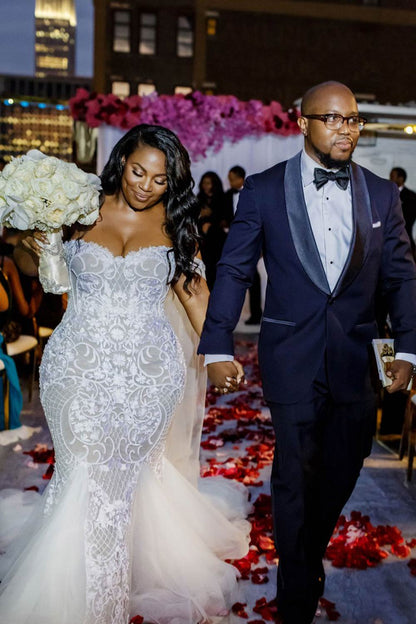 Modest Plus Size Long Mermaid Off-the-Shoulder Lace Wedding Dresses