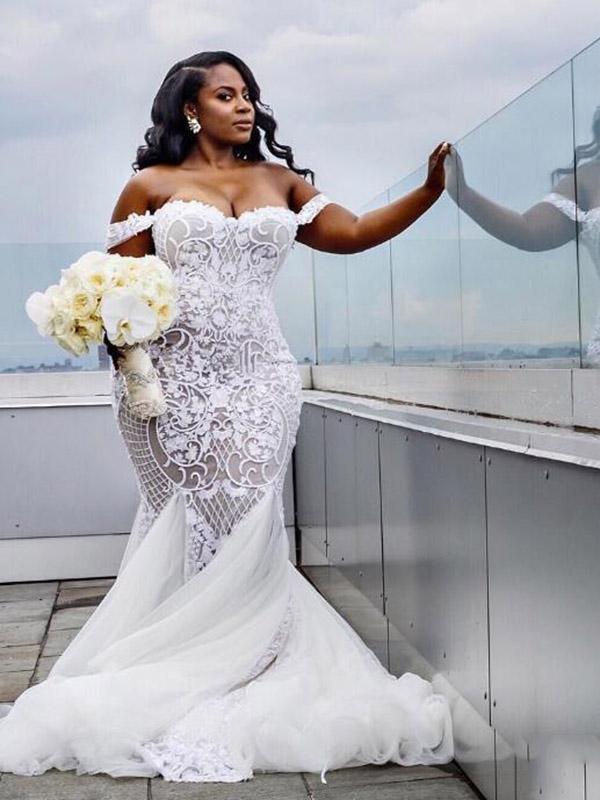 Modest Plus Size Long Mermaid Off-the-Shoulder Lace Wedding Dresses