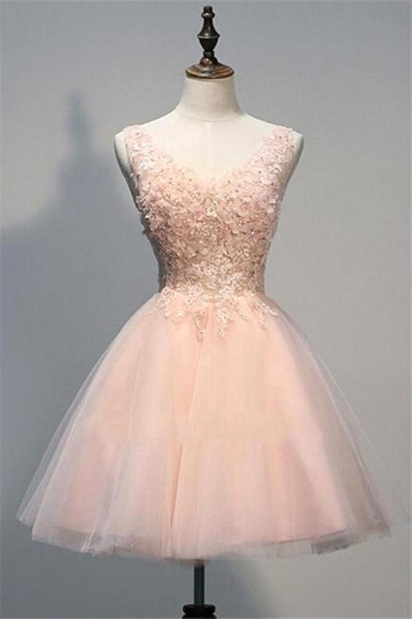 Modest Short A-line V-neck Tulle Pink Prom Dress