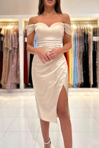 Modest Short Mermaid Off-the-shoulder Satin Prom Dresses with Slit