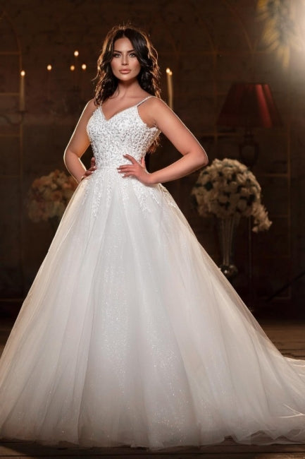 Vestidos de novia modestos de tul con tirantes finos, sin mangas, corte A, largo hasta el suelo y apliques 