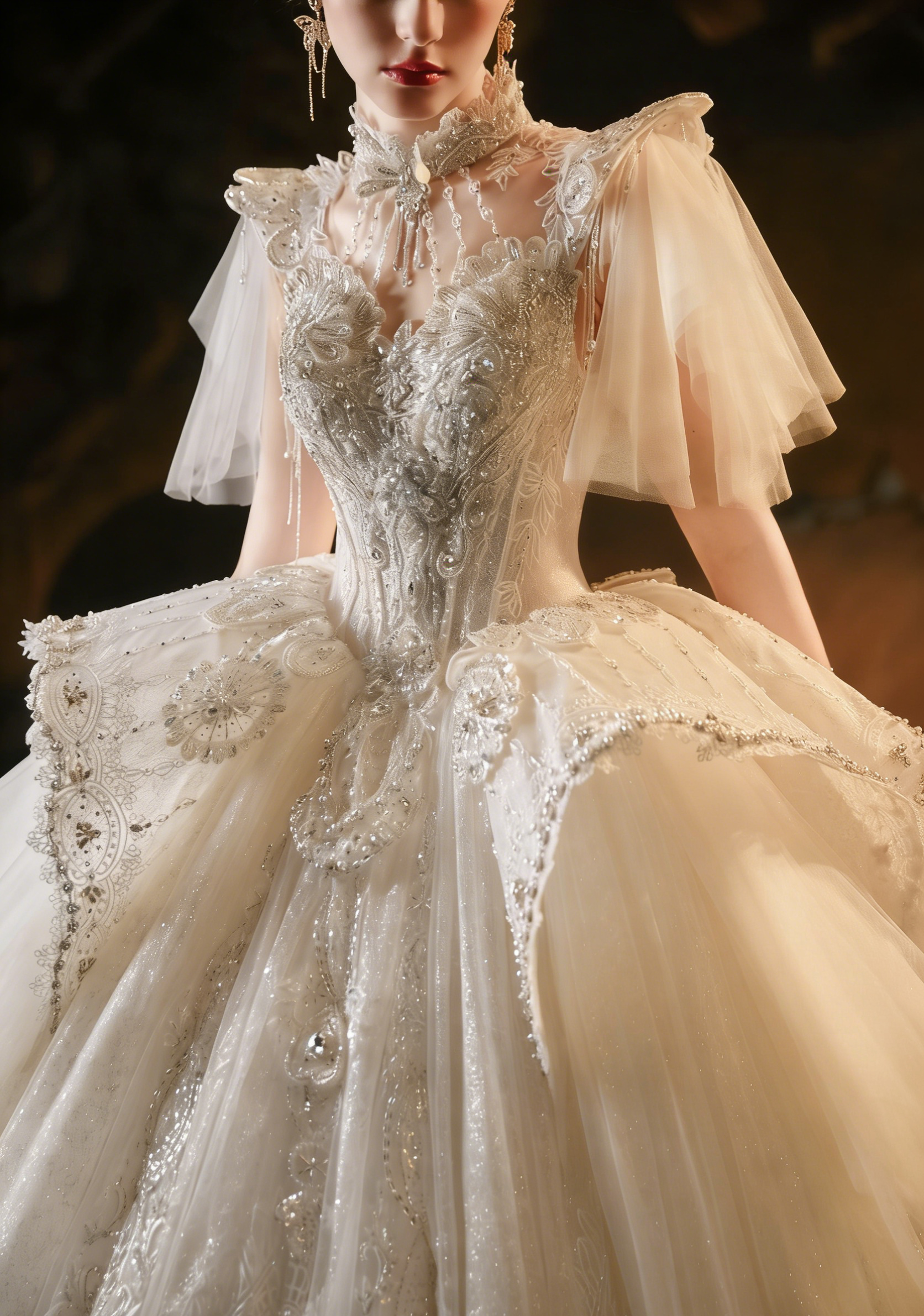 Robe de mariée à col haut ornée de perles avec cape en tulle et traîne