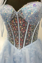 Nalda | Abito da sera a linea ad A in tulle con paillettes e spalline sottili blu