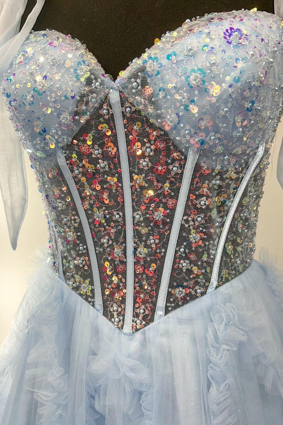 Nalda | Abito da sera a linea ad A in tulle con paillettes e spalline sottili blu