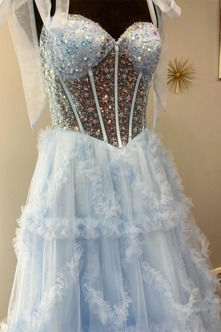 Nalda | Abito da sera a linea ad A in tulle con paillettes e spalline sottili blu