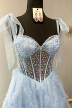 Nalda | Abito da sera a linea ad A in tulle con paillettes e spalline sottili blu