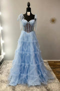 Nalda | Abito da sera a linea ad A in tulle con paillettes e spalline sottili blu