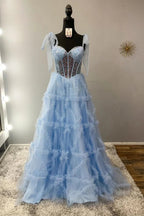 Nalda | Abito da sera a linea ad A in tulle con paillettes e spalline sottili blu
