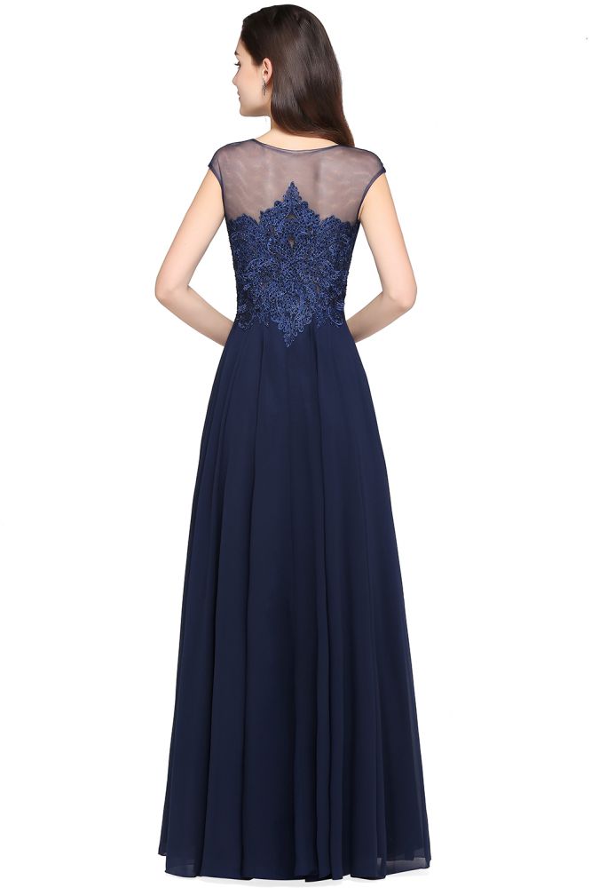Navy Blue A-line Scoop Appliques Chiffon Prom Dress