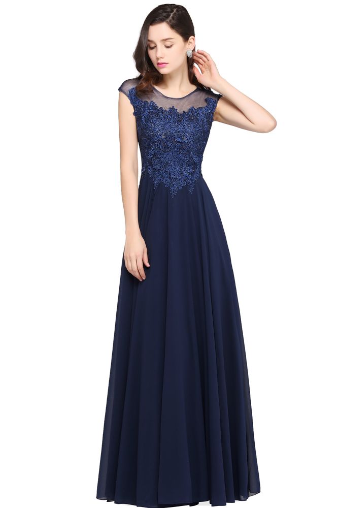 Navy Blue A-line Scoop Appliques Chiffon Prom Dress