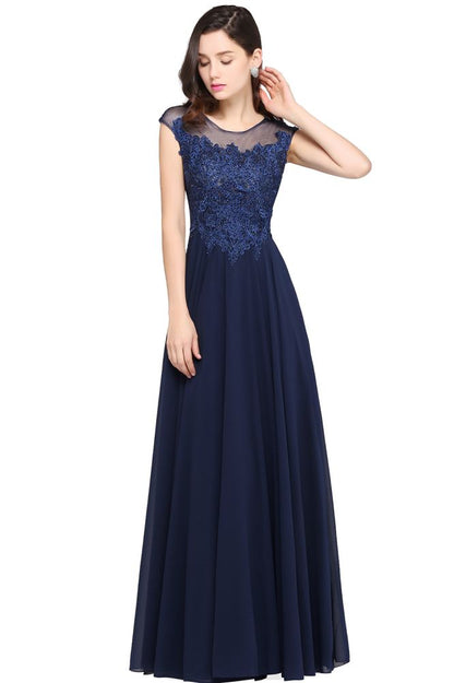 Navy Blue A-line Scoop Appliques Chiffon Prom Dress
