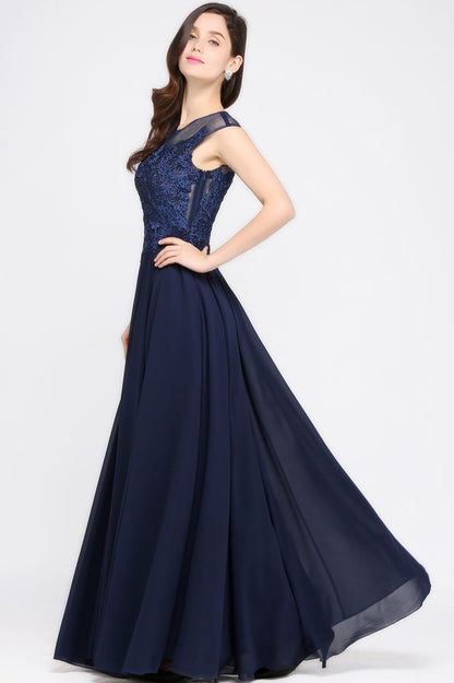 Navy Blue A-line Scoop Appliques Chiffon Prom Dress