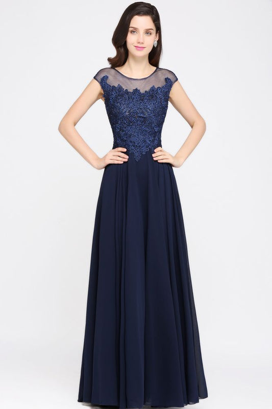 Navy Blue A-line Scoop Appliques Chiffon Prom Dress