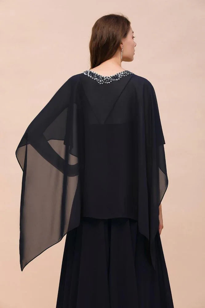 Vestido de dama de honor azul marino con abalorios, envolturas, largo hasta el suelo, vestido de dama de honor de gasa