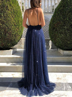 Navy Blue Long A-line V Neck Backless Sparkly Open Back Formal Evening Prom Dresses