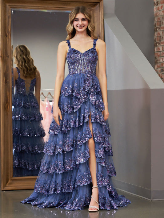 Vestido de fiesta estilo princesa con hombros descubiertos, corsé y volantes de encaje