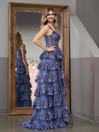 Vestido de fiesta estilo princesa con hombros descubiertos, corsé y volantes de encaje