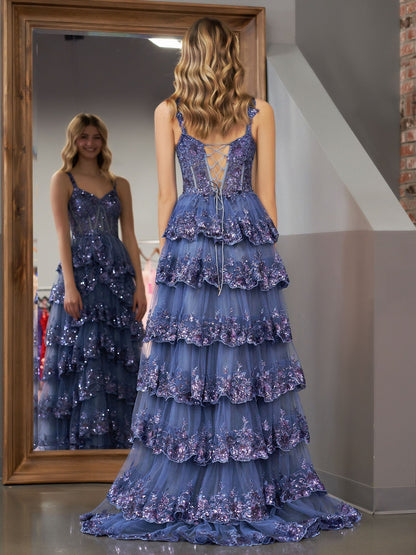 Vestido de fiesta estilo princesa con hombros descubiertos, corsé y volantes de encaje