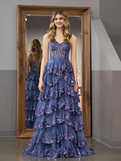 Vestido de fiesta estilo princesa con hombros descubiertos, corsé y volantes de encaje