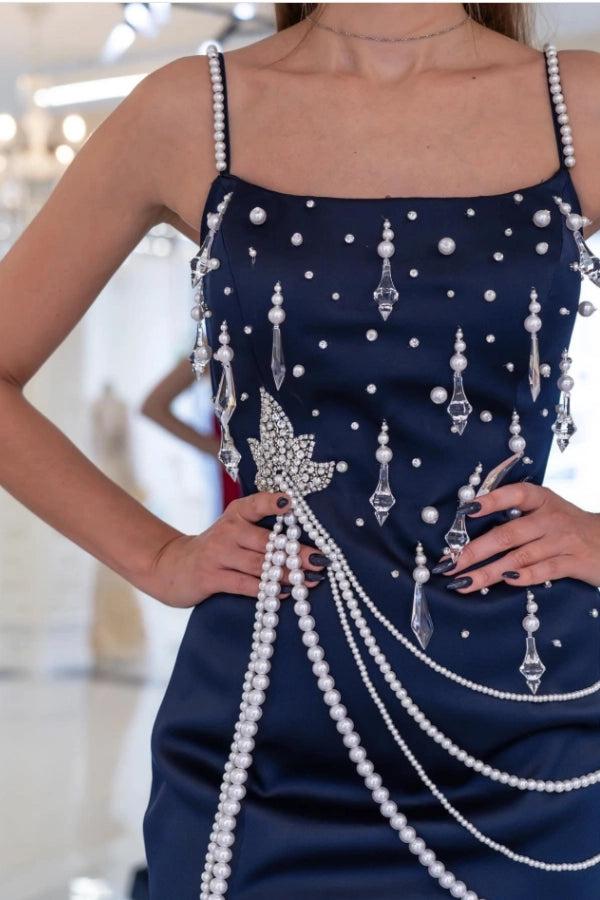 Navy Blue Satin Fitted Evening Gown Featuring Square Neckline Pearl Trim
