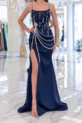 Navy Blue Satin Fitted Evening Gown Featuring Square Neckline Pearl Trim