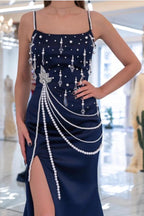 Navy Blue Satin Fitted Evening Gown Featuring Square Neckline Pearl Trim