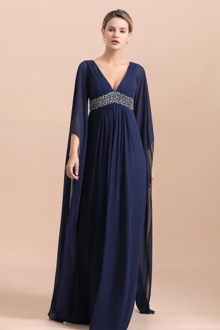 Abito da madre della sposa in chiffon blu marina a maniche lunghe con balze online