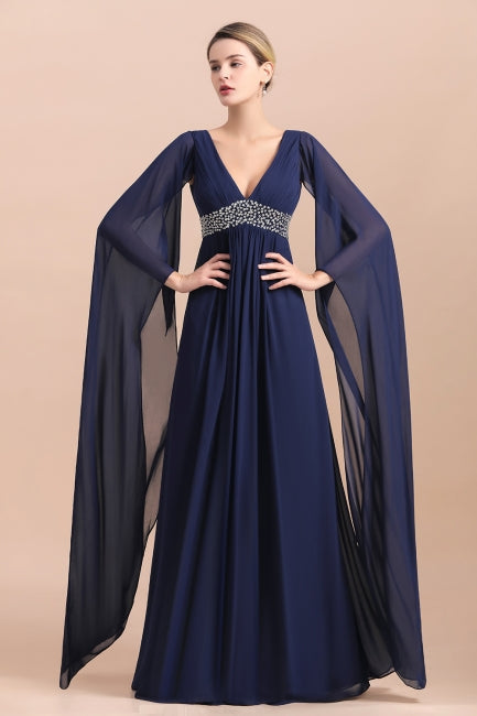 Marineblaues Chiffon-Kleid für die Brautmutter mit langen Ärmeln und Rüschen online