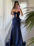 Navy Blue Strapless Mermaid Corset Prom Dress With Slit