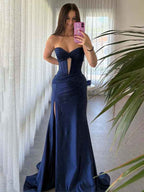 Navy Blue Strapless Mermaid Corset Prom Dress With Slit