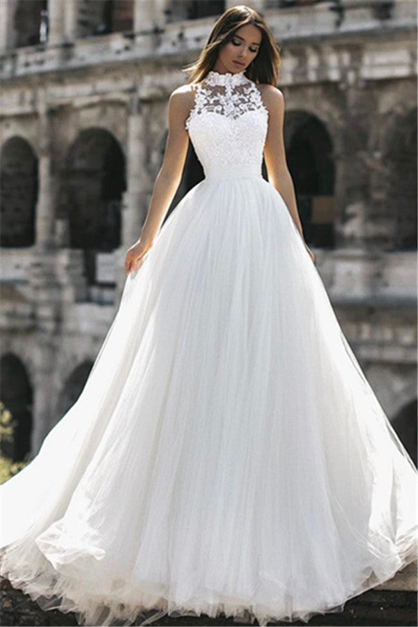 Neuankömmling Stehkragen Ärmellos Applikationen Brautkleid