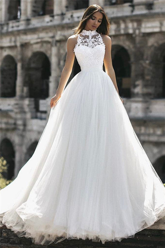Nouvelle arrivée robe de mariée à col haut sans manches avec appliques