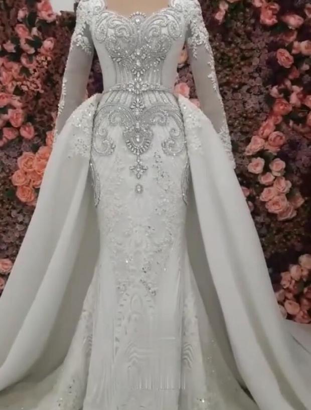 Nouvelle arrivée robe de mariée sirène à manches longues avec surjupe