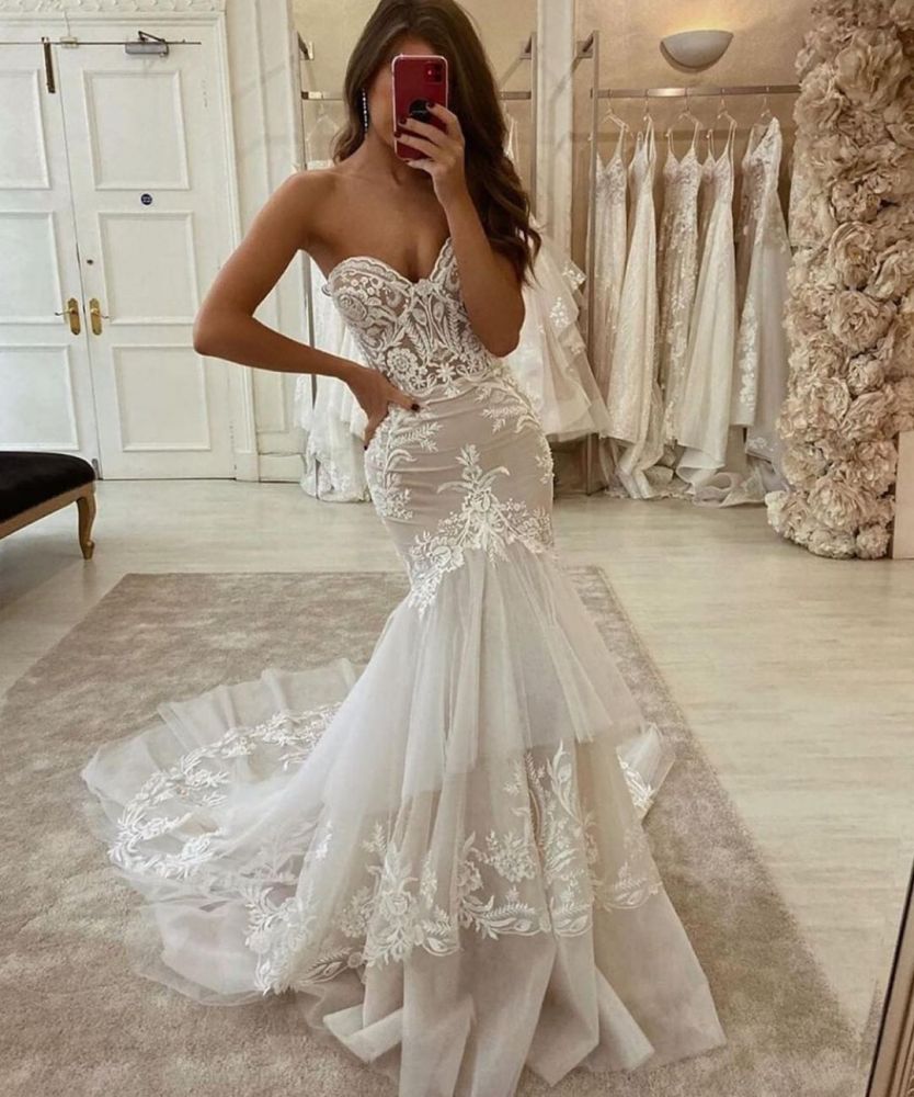 New Arrival Sweetheart Tulle Lace Mermaid Wedding Dress Two layer Trailing
