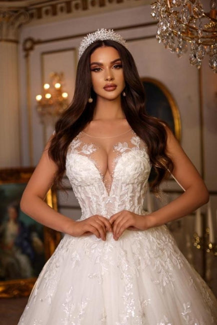 Novos vestidos de noiva elegantes, longos, com decote em V, sem mangas e renda