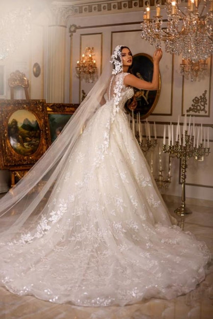 Novos vestidos de noiva elegantes, longos, com decote em V, sem mangas e renda